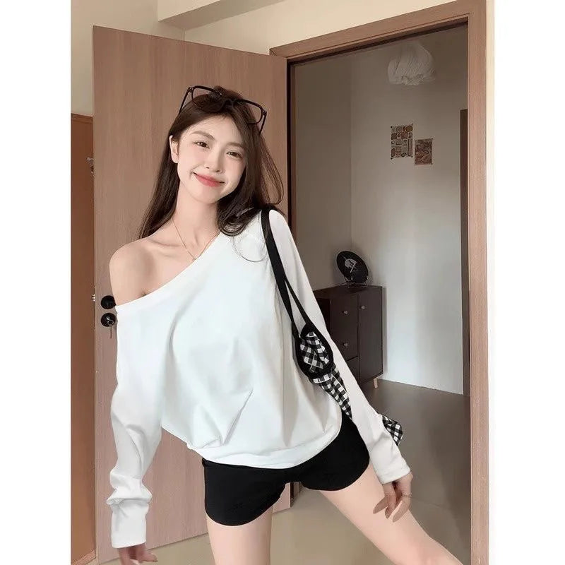 Autumn Winter One Shoulder Cotton Long Sleeve Slant Shoulder Women'S Clothing Style Interior Wide Truffle Shoulder Base Shirt