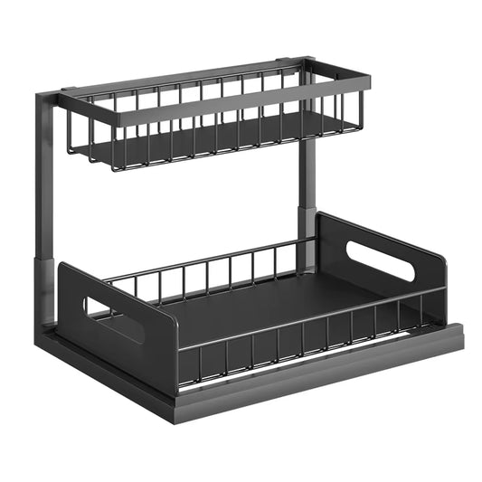 Organisateur sous-évier Nova 2 niveaux en métal noir, tiroir coulissant pour rangement cuisine 
