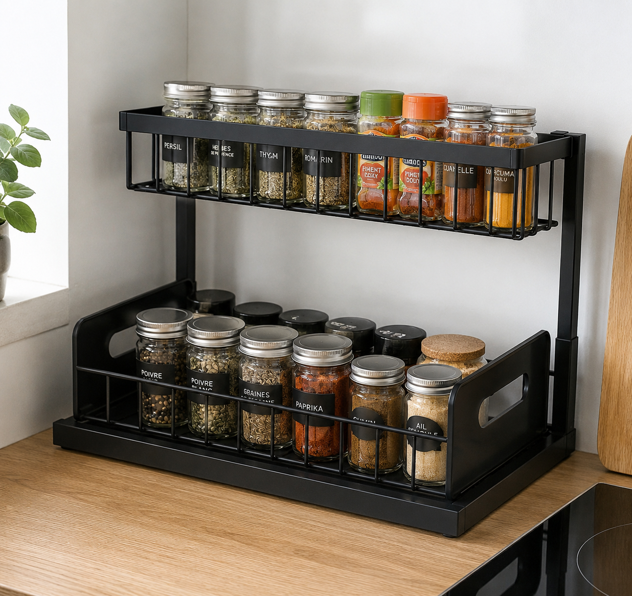 Étagère coulissante Nova utilisée comme rangement épices sur plan de travail cuisine
