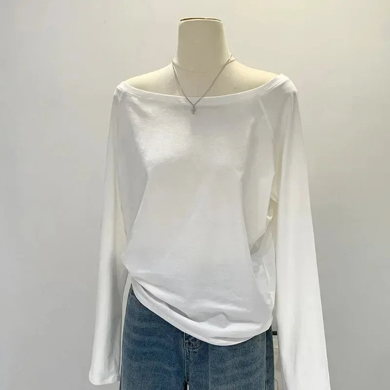 Autumn Winter One Shoulder Cotton Long Sleeve Slant Shoulder Women'S Clothing Style Interior Wide Truffle Shoulder Base Shirt