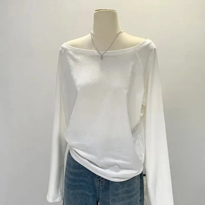 Autumn Winter One Shoulder Cotton Long Sleeve Slant Shoulder Women'S Clothing Style Interior Wide Truffle Shoulder Base Shirt